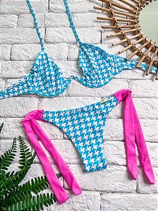 Calcinha Fio Duplo Pied Poule Azul Amarra Larga (CORTININHA NÃO INCLUSO)