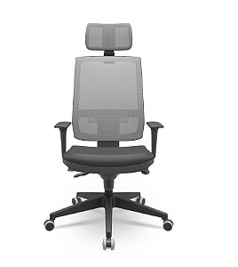Cadeira Plaxmetal Brizza Presidente Com Apoio de Cabeça Tela Cinza Base Nylon Piramidal Slider Assento Vinil