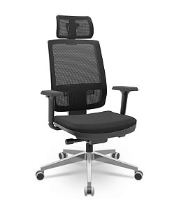 Cadeira Brizza Presidente Tela Preta Apoio de Cabeça Base Aluminio Autocompensador Braços Shift Assento Poliéster