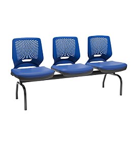 Longarina 3 Lugares Beezi Plaxmetal Encosto Azul Assento Vinil