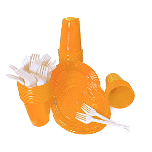Kit Descartável Laranja para 50 pessoas prato, copo e garfo