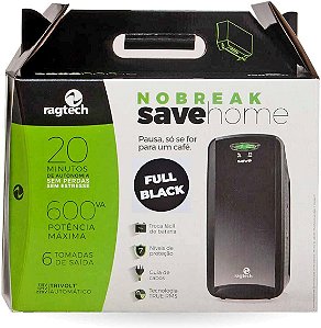 Nobreak Ragtech Full Black 600VA 6 Tomadas Troca Fácil de Bateria Save Home STD TI 4114 - "Distribuidor Exclusivo"