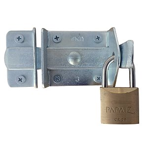 Fecho trinco ou tranca de aço 9x5cm para portão e cadeado de latão 30mm