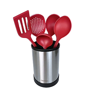 Kit Tramontina 6 Peças de Utensílios Para Cozinha em Nylon Com Pote em Inox Giratório