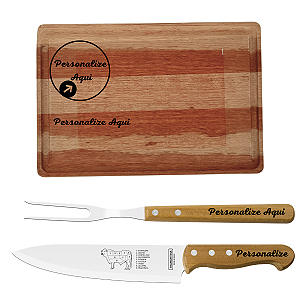Kit Churrasco Tramontina Personalizado Com Nome Time Faca Garfo e Tábua de Madeira