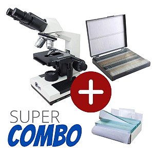 Kit Microscópio Biológico Binocular Acromático Led Aumento 1600x + Laminas e Porta Laminas