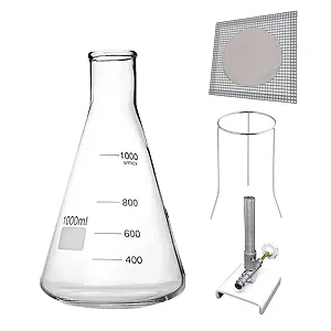 Bico de Bunsen c/ Registro + Tripé de Ferro + Tela de Arame 22x22cm + Erlenmeyer 2.000ml