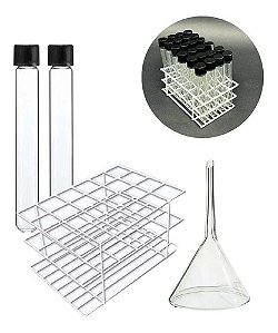 Kit com 24 Tubos de Ensaio de Vidro 13x100 + Estante + Funil