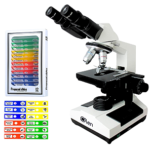 Microscópio  Binocular Olen 1600x + Caixa C/ 12 Lâminas Preparadas Infantil