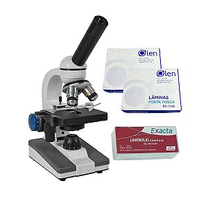 Microscópio Monocular + Conjunto de Laminas e Lamínulas