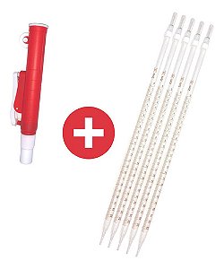 Pipetador Pi-Pump para 25ml Plast Vermelho + 5 Pipetas Sorológica Vidro Graduado 25ml