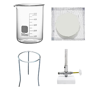 Tela de Arame + Bico de Bunsen + Tripé + Becker