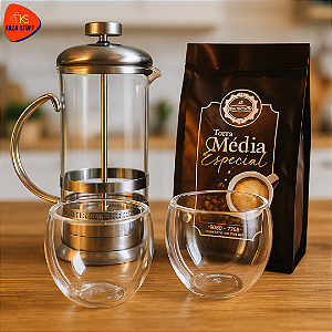 Kit ORO- 1 cafeteira prensa francesa + 2 copos de vidro de parede dupla + 250 gr de Café premium - Kit Experiência Café Gourmet