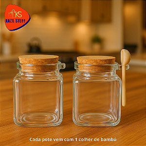 Pote de vidro quadrado com tampa de cortiça e colher - porta tempero