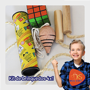 Kit Brinquedos 4x1 - Pião, Cubo, jogo de varetas e pula corda