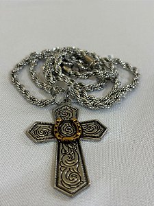 Colar Pingente Cruz Prata com Cobre e Ferradura