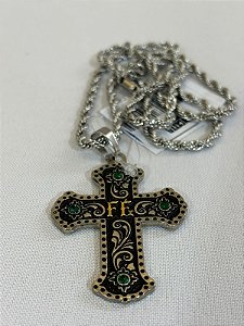 COLAR PINGENTE CRUZ STRAS VERDE FÉ