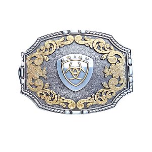 Fivela ariat importada prata e dourado logo ao centro