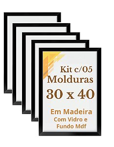 Kit 5 Moldura 30x40 Com Vidro Madeira Quadro 40x30