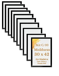 Kit 10 Molduras A3 Med. 30x42 Vidro Moldura Madeira Acabamento Fosco