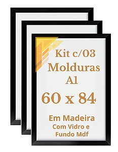 Kit 3 Molduras Padrão A1 60x84 Com Vidro Quadros De Parede