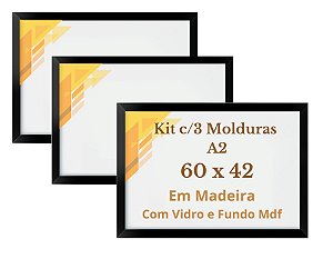 Kit 3 Quadros 42x60 A2 Moldura Com Vidro Madeira 60x42