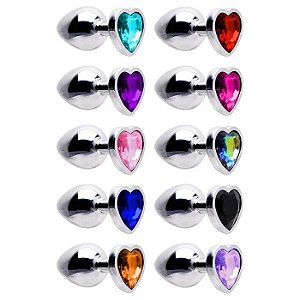 Plug Anal Aço Inox Colorido "G" com Detalhe de Pedra Brilhante no Formato de Coração - Sexy Import