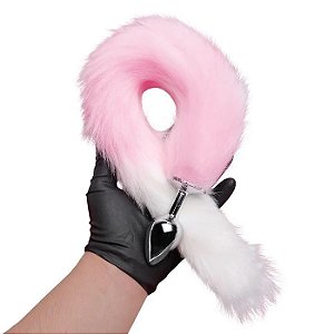 Plug Anal de Metal em Formato Cônico e Realístico Rabo de Raposa Rosa e Branco - Sexy Import