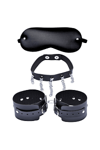 Kit Dominatrixxx Prisioneira 2 com Algemas, Choker e Venda em Couro Sintético Preto - Dominatrixxx