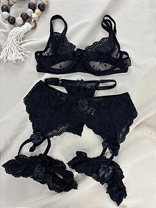 Conjunto Helena - Renda Sensual com Cinta-Liga - Preto