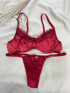 Conjunto Dominique – Lingerie Sensual em Renda e Cetim - Vermelho