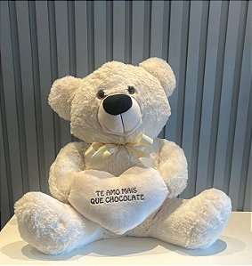 Urso de Pelúcia Branco com Coração – "Te Amo Mais que Chocolate" G