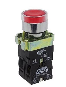 BOTÃO PULSADOR ILUMINADO METÁLICO M20IGR-R7-1C - VERMELHO 24V - 1NA+1NF METATEX