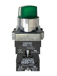 CHAVE SELETORA METÁLICA 2 POSIÇÂO FIXA 22MM 1NA 220V M20ICR2-G-1A  ILUMINOSO VERDE METALTEX