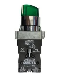 CHAVE SELETORA METÁLICO ILUMINADA M20ICR2-G7-1A VERDE 2 POSIÇÃO FIXA 24V 1NA METALTEX