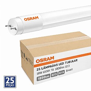 KIT 25 LAMPADAS LED TUBULAR 18W 6500K T8 1850lm G13 BIVOLT CAIXA FECHADA OSRAM