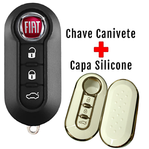 Kit Capa Carcaça Chave Canivete + Capa Silicone Chave Fiat Bravo Grand Siena Palio Punto 500 - Branco/Dourado