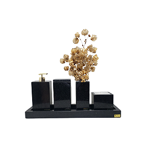 Kit 5 Peças com Bandeja com Borda, Porta Sabonete Líquido, Caixa Multiuso, Solitário e Porta Vela