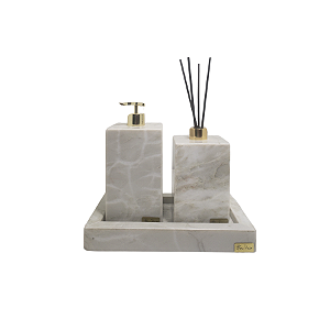 Kit 3 Peças com Bandeja com borda, Porta Sabonete Líquido e Difusor de Ambientes