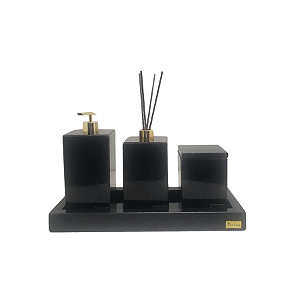 Kit 4 Peças com Bandeja com Borda, Porta Sabonete Líquido, Difusor de Ambiente e Caixa Multiuso