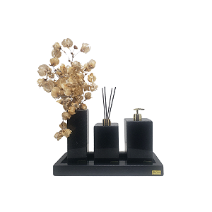 Kit 4 Peças com Bandeja com Borda, Porta Sabonete Líquido, Difusor de Ambiente e Solitário