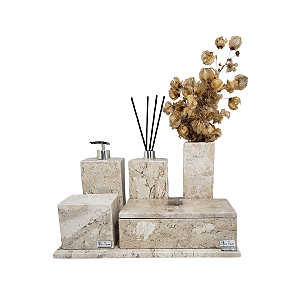 Kit 6 Peças com Bandeja Chanfrada, Porta Sabonete Líquido, Difusor de Ambientes, Solitário, Porta Vela e Porta Lenços