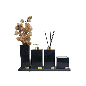 Kit 5 Peças com Bandeja Chanfrada, Porta Sabonete Líquido, Difusor de Ambiente, Solitário e Porta Vela