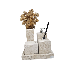 Kit 5 Peças com Bandeja com Borda, Porta Sabonete Líquido, Difusor de Ambiente, Solitário e Porta Vela