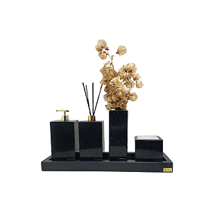 Kit 5 Peças com Bandeja com Borda, Porta Sabonete Líquido, Difusor de Ambientes, Solitário e Porta Vela