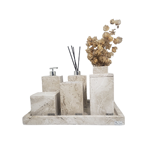 Kit 7 Peças com Bandeja com borda, Porta Sabonete Líquido, Difusor de Ambientes, Solitário, Porta Vela e 2 Caixas Multiuso
