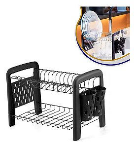 Escorredor De Pratos Duplo Desmontável 15 Pratos Preto Luxo