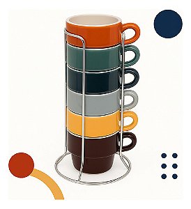 Kit 6 Xícaras Cerâmica Empilháveis Modernas C/ Suporte Inox