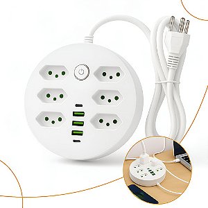 Extensão Elétrica 6 Tomadas 3 Usb 2 Tipo C Bivolt 2500w Nfe