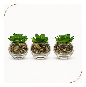 Trio Suculentas Artificiais Vaso Vidro C/ Pedras Decorativas